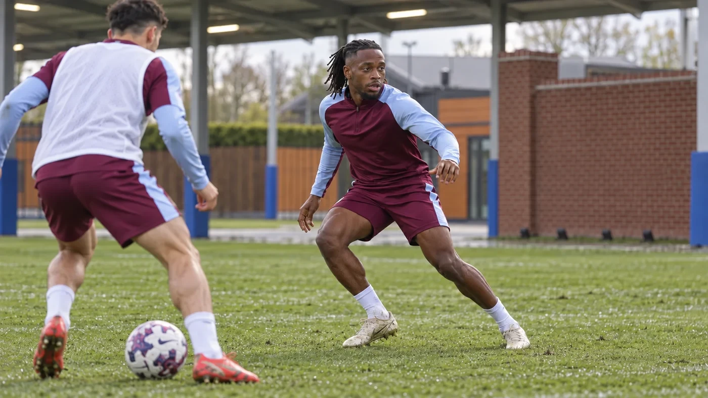 Aaron Wan-Bissaka giữ tư thế phòng ngự một đối một trong buổi tập Aston Villa