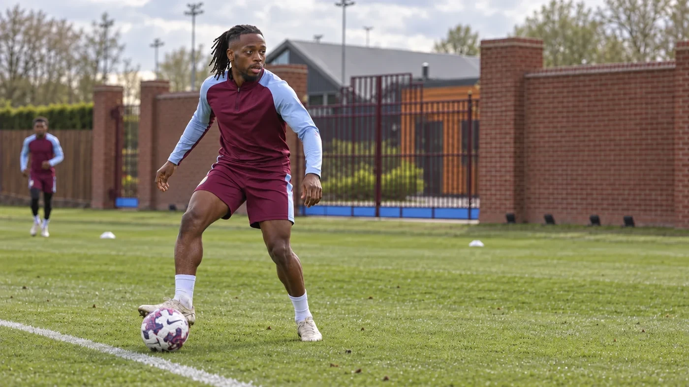 Aaron Wan-Bissaka nhận bóng và quan sát trong bài tập Aston Villa