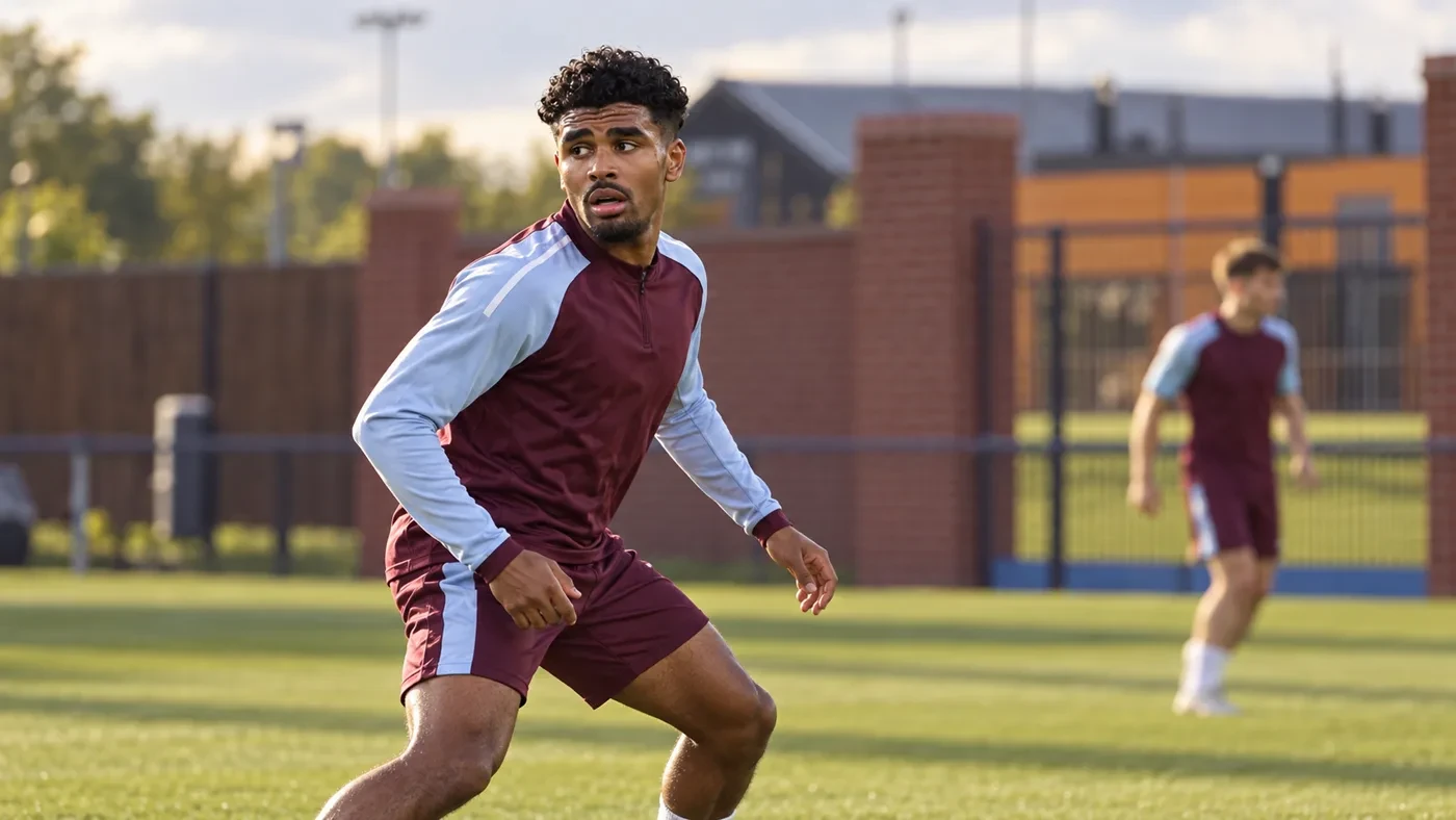 Ian Maatsen lùi về kiểm tra hành lang trong trong buổi tập Aston Villa