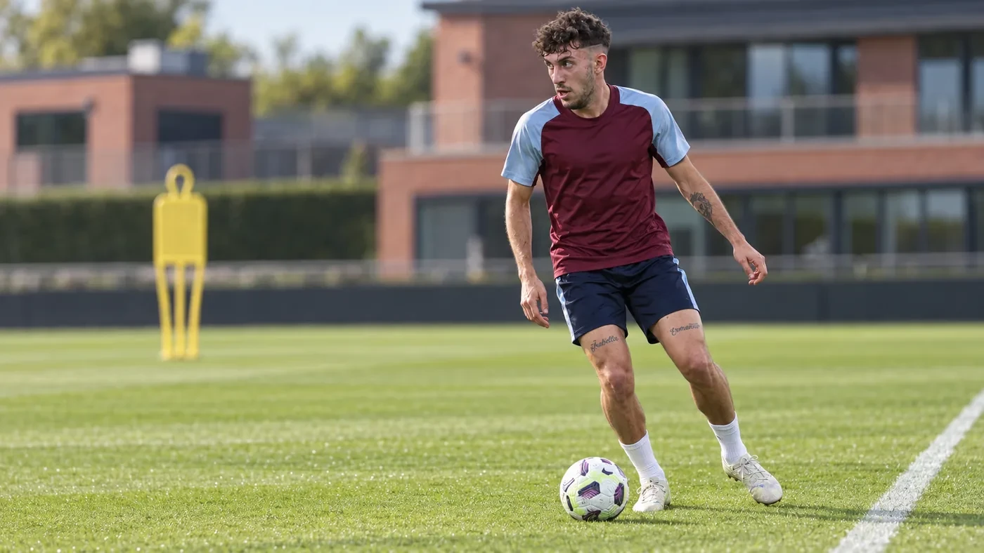 Matteo Ruggeri quan sát phương án trong bài tập chồng biên Aston Villa