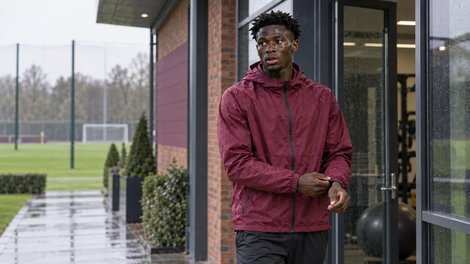 Modou Kéba Cissé chỉnh cổ tay áo trước khi trở lại sân tập Aston Villa