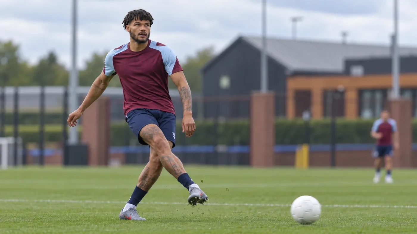 Tyrone Mings thực hiện đường chuyền chéo trên sân tập Aston Villa
