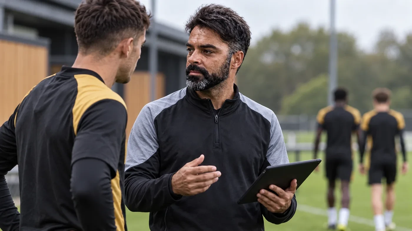 Sergio Teixeira kiểm tra dữ liệu vận động bên sân tập Wolverhampton