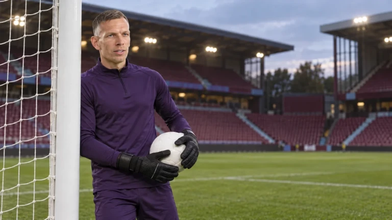 Marco Bizot giữ bóng cạnh cột gôn trước buổi tập Aston Villa