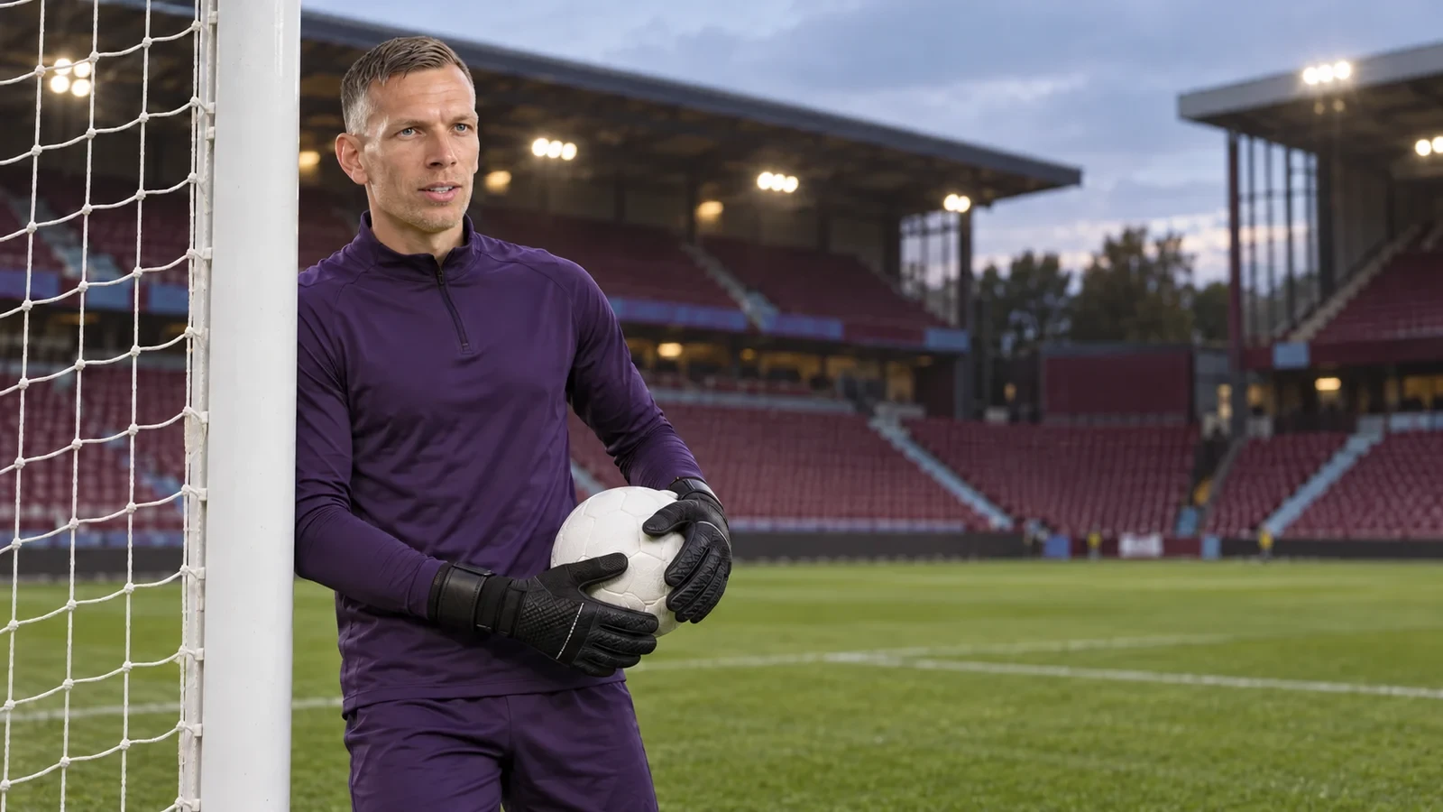 Marco Bizot giữ bóng cạnh cột gôn trước buổi tập Aston Villa