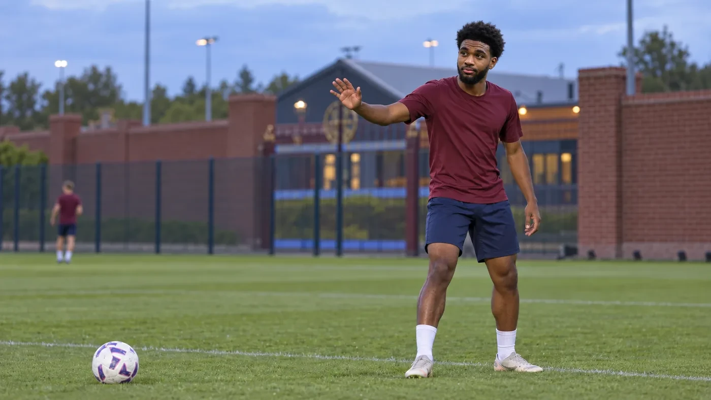Ibrahim Mbaye xin bóng bên hành lang phải trong buổi tập Aston Villa