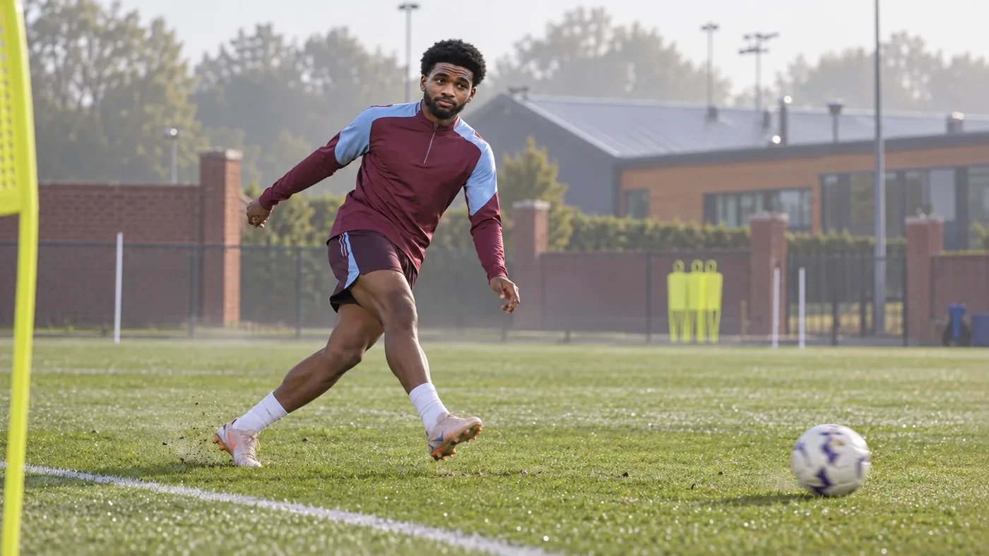 Ibrahim Mbaye thực hiện đường trả ngược trong buổi tập Aston Villa