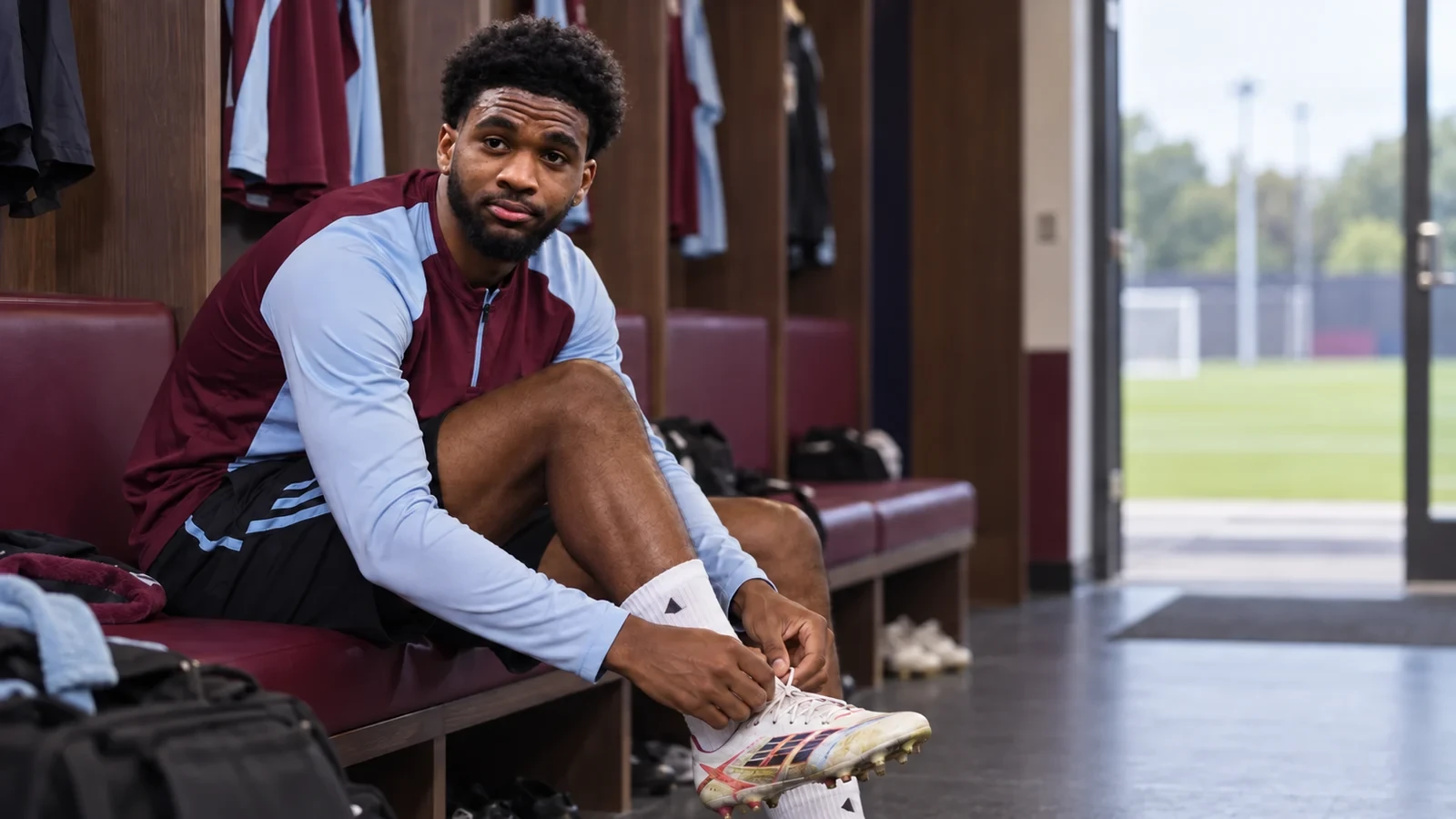 Ibrahim Mbaye buộc dây giày trước buổi tập Aston Villa