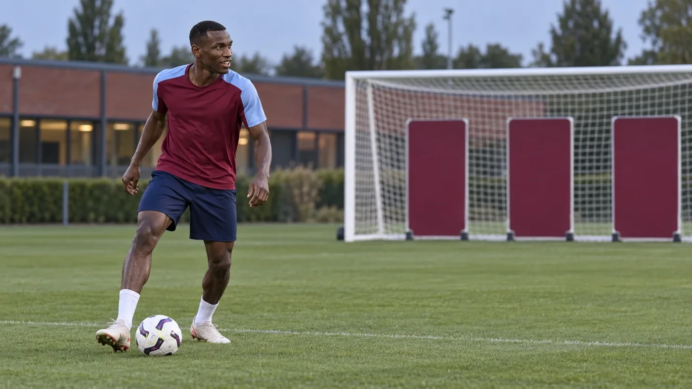 Nicolas Jackson quan sát mục tiêu trong bài tập dứt điểm Aston Villa
