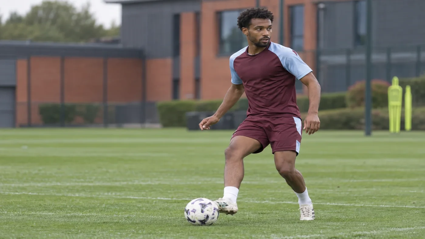 Boubacar Kamara mở thân người nhận bóng trên sân tập Aston Villa