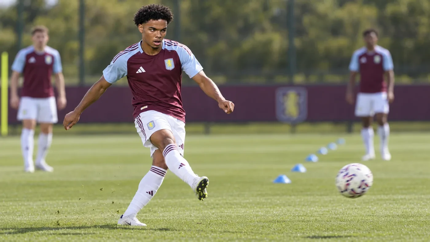 George Hemmings thực hiện đường chuyền chéo trong bài tập Aston Villa