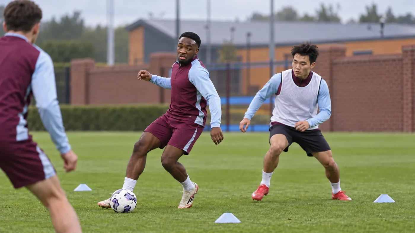 Lamare Bogarde nhận bóng trong bài tập trung lộ Aston Villa